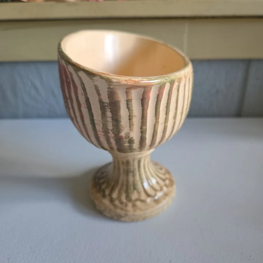 Vintage Hull USA #15 Pottery Pedestal Planter Bowl Vase Cream Green Striped